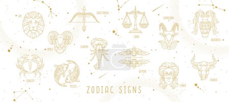 Téléchargez les illustrations : Magie moderne fond astrologie astrologie avec constellations zodiacales dans le ciel. Illustration vectorielle - en licence libre de droit