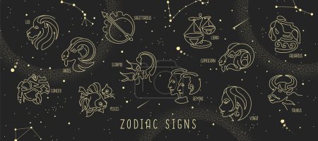 Ilustración de Magia moderna brujería astrología fondo con constelaciones del zodíaco en el cielo nocturno. Ilustración vectorial - Imagen libre de derechos
