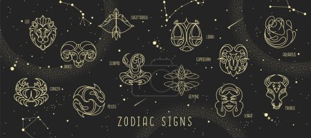 Téléchargez les illustrations : Magie moderne fond astrologie astrologie avec constellations zodiacales dans le ciel nocturne. Illustration vectorielle - en licence libre de droit