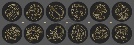 Ilustración de Conjunto de signos zodiacales astrológicos aislados sobre fondo negro. Conjunto de iconos del Zodíaco. Ilustración vectorial - Imagen libre de derechos
