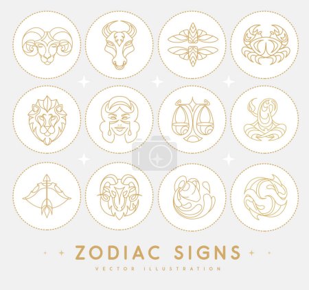 Téléchargez les illustrations : Ensemble de signes astrologiques du zodiaque isolés sur fond blanc. Ensemble d'icônes du zodiaque. Illustration vectorielle - en licence libre de droit