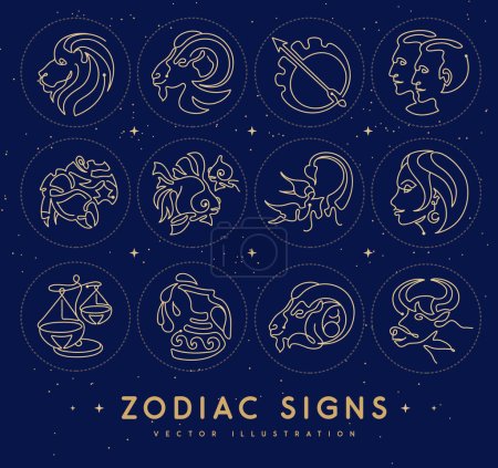 Téléchargez les illustrations : Ensemble de signes astrologiques du zodiaque sur le fond de l'espace extérieur. Ensemble d'icônes du zodiaque. Illustration vectorielle - en licence libre de droit