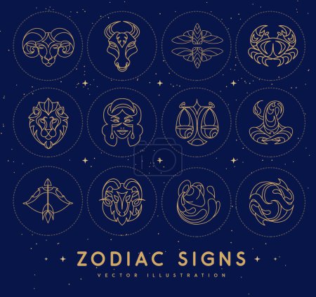 Ilustración de Conjunto de signos zodiacales astrológicos en el fondo del espacio exterior. Conjunto de iconos del Zodíaco. Ilustración vectorial - Imagen libre de derechos