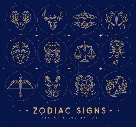 Téléchargez les illustrations : Ensemble de signes astrologiques du zodiaque sur le fond de l'espace extérieur. Ensemble d'icônes du zodiaque. Illustration vectorielle - en licence libre de droit