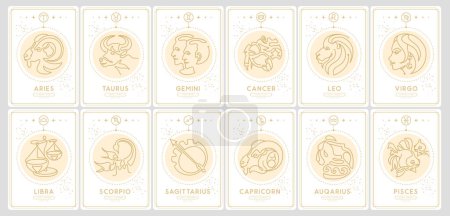 Illustration for Set of Modern magic witchcraft cards with astrology zodiac signs. Zodiac characteristic. Vector illustration - Royalty Free Image