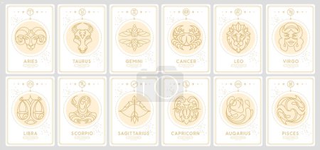 Illustration for Set of Modern magic witchcraft cards with astrology zodiac signs. Zodiac characteristic. Vector illustration - Royalty Free Image