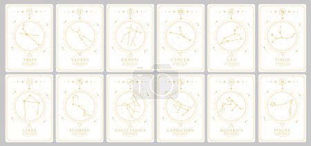 Illustration for Set of Modern magic witchcraft cards with astrology zodiac constellations in the sky. Zodiac characteristic. Zodiac icons. Vector illustration - Royalty Free Image