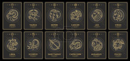 Téléchargez les illustrations : Ensemble de cartes de sorcellerie magiques modernes avec astrologie signes du zodiaque dans le ciel nocturne. Caractéristique du zodiaque. Icônes du zodiaque. Illustration vectorielle - en licence libre de droit