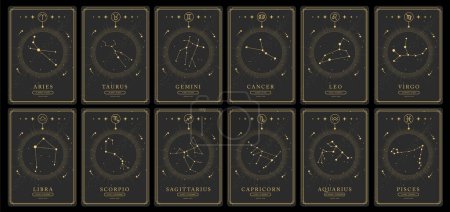 Téléchargez les illustrations : Ensemble de cartes de sorcellerie magiques modernes avec constellations astrologiques du zodiaque dans le ciel nocturne. Caractéristique du zodiaque. Icônes du zodiaque. Illustration vectorielle - en licence libre de droit