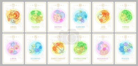 Téléchargez les illustrations : Ensemble de cartes de sorcellerie magiques modernes avec astrologie signes du zodiaque sur fond d'aquarelle. Caractéristique du zodiaque. Illustration vectorielle - en licence libre de droit