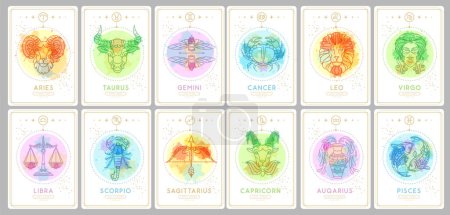 Téléchargez les illustrations : Ensemble de cartes de sorcellerie magiques modernes avec astrologie signes du zodiaque sur fond d'aquarelle. Caractéristique du zodiaque. Illustration vectorielle - en licence libre de droit