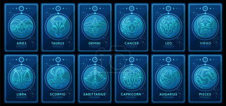 Illustration for Set of neon modern magic witchcraft cards with astrology zodiac signs in the night sky. Zodiac characteristic. Zodiac icons. Vector illustration - Royalty Free Image
