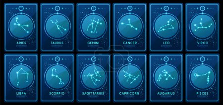 Illustration for Set of neon modern magic witchcraft cards with astrology zodiac constellations in the night sky. Zodiac characteristic. Zodiac icons. Vector illustration - Royalty Free Image