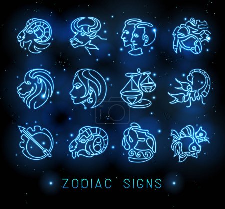 Ilustración de Conjunto de signos zodiacales de astrología de neón en el fondo del espacio exterior. Conjunto de iconos del Zodíaco. Ilustración vectorial - Imagen libre de derechos