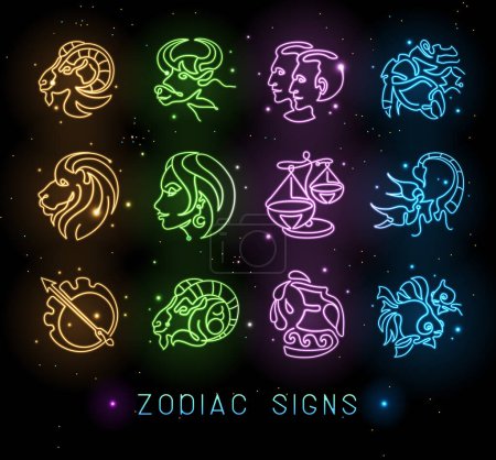 Ilustración de Conjunto de signos zodiacales de astrología de neón en el fondo del espacio exterior. Conjunto de iconos del Zodíaco. Ilustración vectorial - Imagen libre de derechos