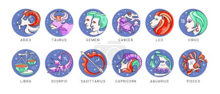 Ilustración de Conjunto de caricaturas modernas astrología signos del zodíaco aislados sobre fondo blanco. Conjunto de iconos del Zodíaco. Ilustración vectorial - Imagen libre de derechos