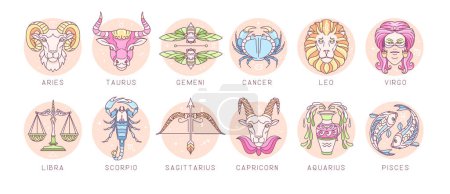Illustration for Set of modern cartoon astrology zodiac signs isolated on white background. Set of Zodiac icons. Vector illustration - Royalty Free Image