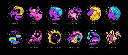 Illustration for Set of modern cartoon astrology zodiac signs isolated on black background. Set of fluorescent Zodiac icons. Vector illustration - Royalty Free Image