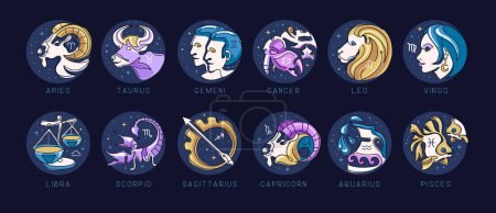 Téléchargez les illustrations : Ensemble de dessins animés astrologie moderne signes du zodiaque isolé sur fond bleu. Ensemble d'icônes du zodiaque. Illustration vectorielle - en licence libre de droit