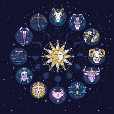 Téléchargez les illustrations : Roue d'astrologie avec signes du zodiaque dessin animé sur le fond de l'espace extérieur. Carte des étoiles. Illustration vectorielle d'horoscope - en licence libre de droit