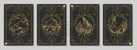 Ensemble de cartes de sorcellerie magiques modernes avec système solaire et quatre éléments. Dessin à la main illustration vectorielle occulte de l'eau, de la terre, du feu, des éléments d'air.