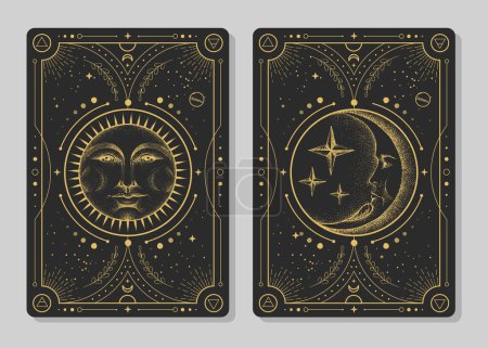 Illustration for Set of Modern magic witchcraft cards with astrology sun and moon sign with human face. Day and nignt. Realistic hand drawing vector illustration - Royalty Free Image