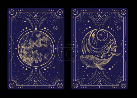Illustration for Set of Modern magic witchcraft cards with full moon and whale. Hand drawing occult vector illustration of whale, water and moon. - Royalty Free Image