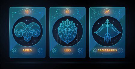 Illustration for Set of neon modern magic witchcraft cards with astrology fire zodiac signs. Zodiac characteristic. Zodiac icons. Vector illustration - Royalty Free Image