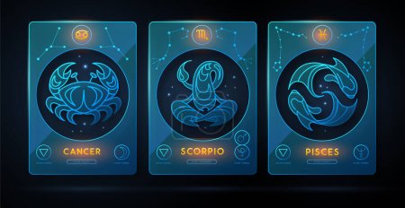 Illustration for Set of neon modern magic witchcraft cards with astrology water zodiac signs. Zodiac characteristic. Cancer, Scorpio, Pisces Zodiac icons. Vector illustration - Royalty Free Image