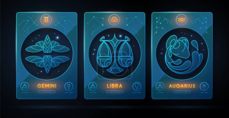 Illustration for Set of neon modern magic witchcraft cards with astrology air zodiac signs. Zodiac characteristic. Gemini, Libra, Aquqrius Zodiac icons. Vector illustration - Royalty Free Image