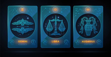 Illustration for Set of neon modern magic witchcraft cards with astrology air zodiac signs. Zodiac characteristic. Gemini, Libra, Aquqrius Zodiac icons. Vector illustration - Royalty Free Image