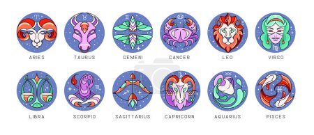 Illustration for Set of modern cartoon astrology zodiac signs isolated on white background. Set of Zodiac icons. Vector illustration - Royalty Free Image