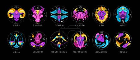 Illustration for Set of modern cartoon astrology zodiac signs isolated on black background. Set of fluorescent Zodiac icons. Vector illustration - Royalty Free Image