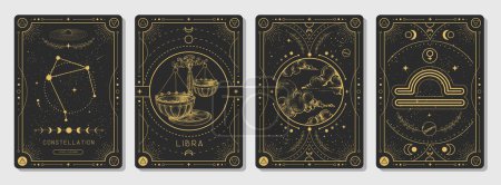 Illustration for Set of Modern magic witchcraft cards with astrology Libra zodiac sign characteristic. Vector illustration - Royalty Free Image
