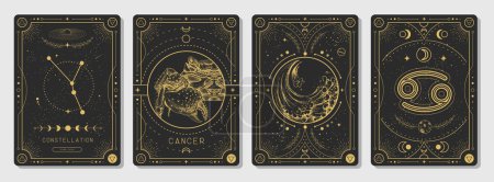Téléchargez les illustrations : Ensemble de cartes magiques modernes de sorcellerie avec astrologie Cancer signe du zodiaque caractéristique. Illustration vectorielle - en licence libre de droit