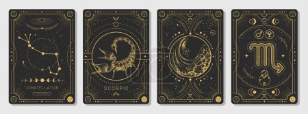 Illustration for Set of Modern magic witchcraft cards with astrology Scorpio zodiac sign characteristic. Vector illustration - Royalty Free Image
