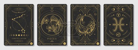 Illustration for Set of Modern magic witchcraft cards with astrology Pisces zodiac sign characteristic. Vector illustration - Royalty Free Image