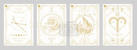 Illustration for Set of Modern magic witchcraft cards with astrology Aries zodiac sign characteristic. Vector illustration - Royalty Free Image