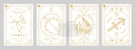 Illustration for Set of Modern magic witchcraft cards with astrology Sagittarius zodiac sign characteristic. Vector illustration - Royalty Free Image