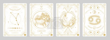 Téléchargez les illustrations : Ensemble de cartes magiques modernes de sorcellerie avec astrologie Cancer signe du zodiaque caractéristique. Illustration vectorielle - en licence libre de droit