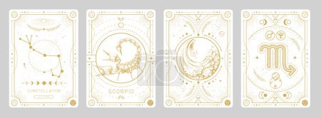 Téléchargez les illustrations : Ensemble de cartes de sorcellerie magiques modernes avec astrologie Scorpion signe du zodiaque caractéristique. Illustration vectorielle - en licence libre de droit