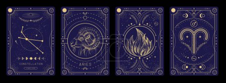 Téléchargez les illustrations : Ensemble de cartes de sorcellerie magiques modernes avec astrologie Bélier signe du zodiaque caractéristique. Illustration vectorielle - en licence libre de droit