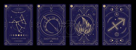 Téléchargez les illustrations : Ensemble de cartes de sorcellerie magiques modernes avec astrologie Sagittaire signe du zodiaque caractéristique. Illustration vectorielle - en licence libre de droit