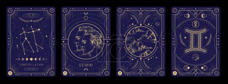 Téléchargez les illustrations : Ensemble de cartes de sorcellerie magiques modernes avec astrologie Gémeaux signe du zodiaque caractéristique. Illustration vectorielle - en licence libre de droit