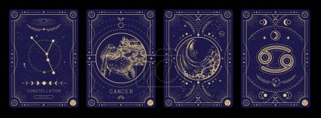 Set of Modern magic witchcraft cards with astrology Cancer zodiac sign characteristic. Vector illustration