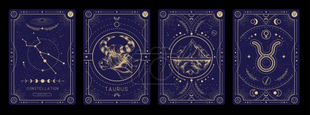 Téléchargez les illustrations : Ensemble de cartes de sorcellerie magiques modernes avec astrologie Taureau signe du zodiaque caractéristique. Illustration vectorielle - en licence libre de droit