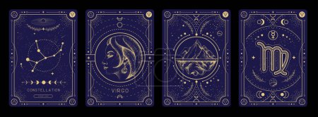 Ilustración de Conjunto de cartas de brujería mágica moderna con astrología Virgo signo del zodíaco característica. Ilustración vectorial - Imagen libre de derechos