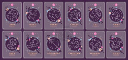 Ilustración de Conjunto de cartas de brujería mágica moderna con signos del zodíaco astrológico en el cielo nocturno. Característica del zodíaco. Iconos del zodíaco. Ilustración vectorial - Imagen libre de derechos