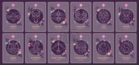 Ilustración de Conjunto de cartas de brujería mágica moderna con signos del zodíaco astrológico en el cielo nocturno. Característica del zodíaco. Iconos del zodíaco. Ilustración vectorial - Imagen libre de derechos