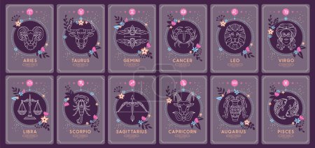 Illustration for Set of Modern magic witchcraft cards with astrology zodiac signs in the night sky. Zodiac characteristic. Zodiac icons. Vector illustration - Royalty Free Image